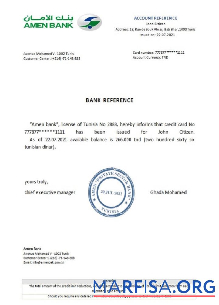 Realistic Tunisia Amen bank reference real example